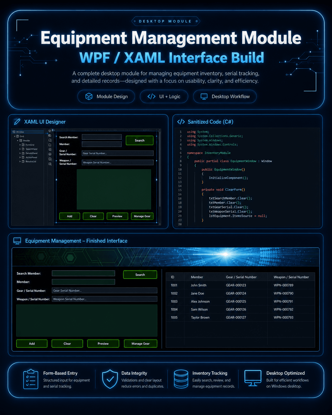 Equipment management module WPF XAML interface showcase