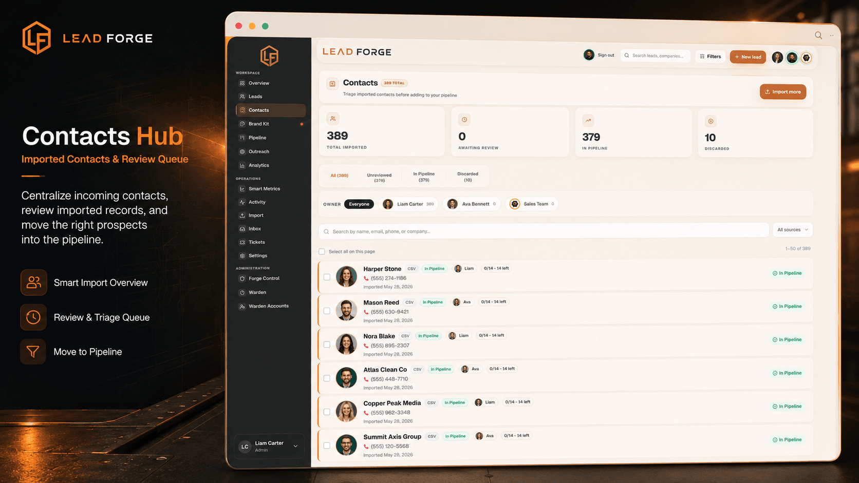 Noverionex CRM contacts hub and import queue
