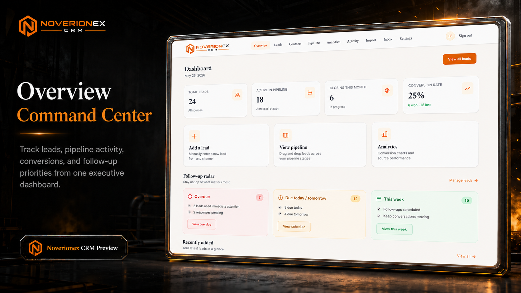 Noverionex CRM dashboard — T3 full-stack lead management platform by Noverionex