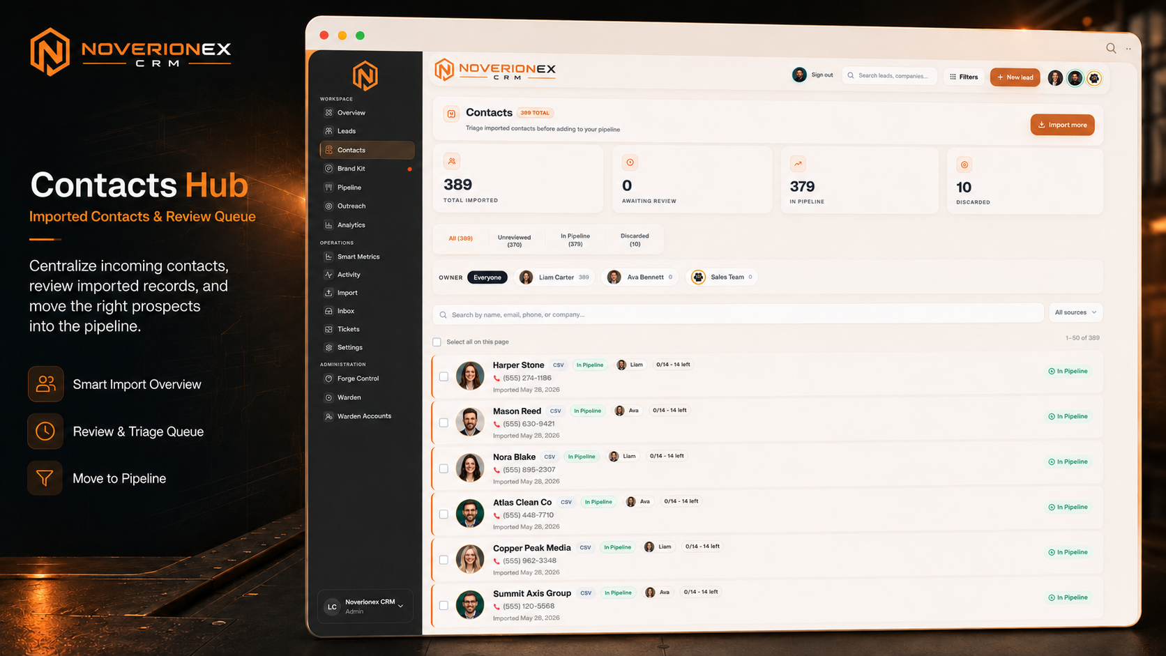 Noverionex CRM Contacts Hub — imported contacts and review queue
