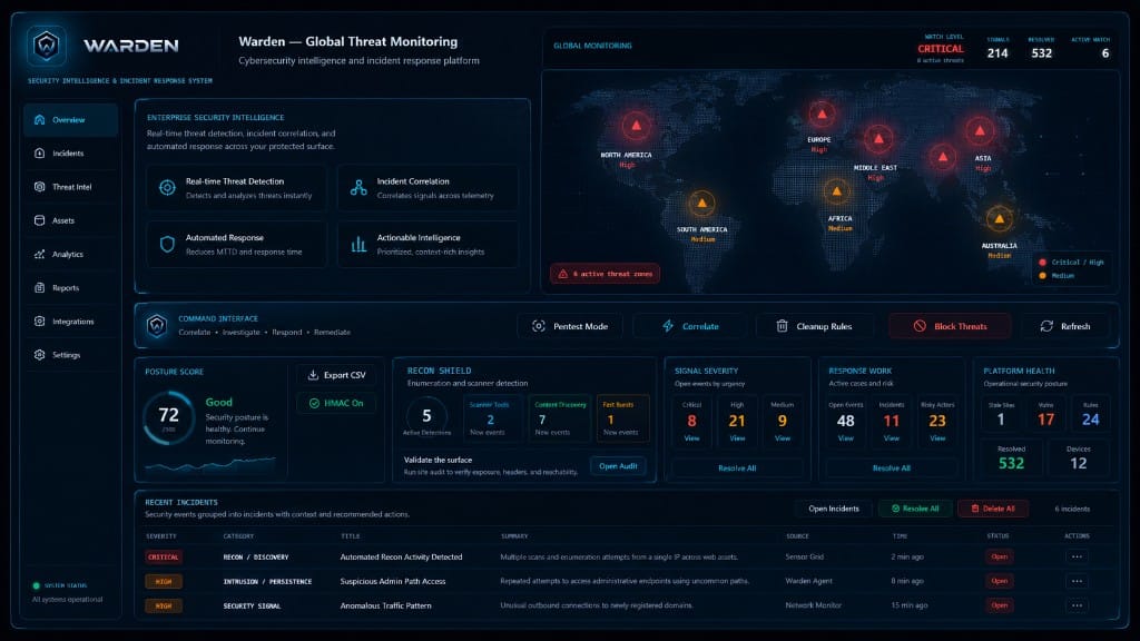 Warden cybersecurity platform — global threat monitoring and security operations overview